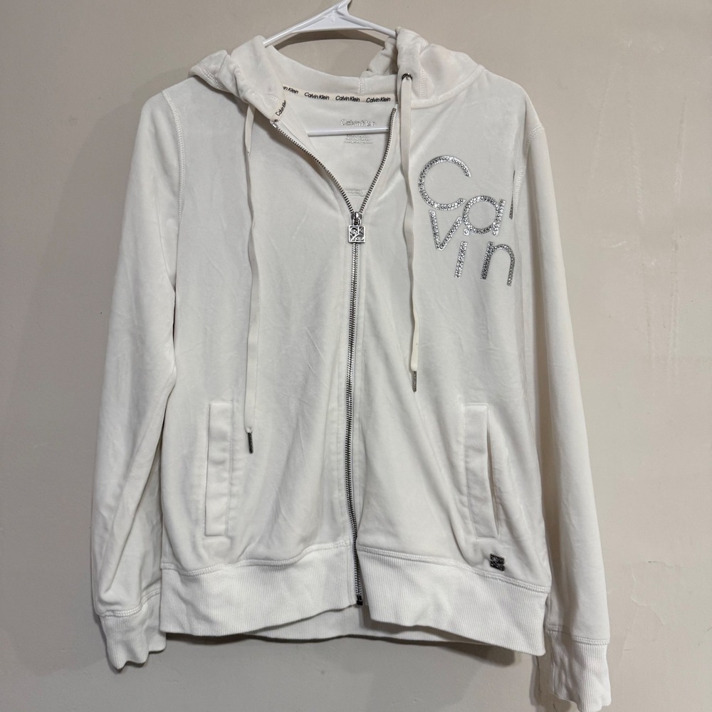 Calvin Klein Velour Zip Up Velour Hoodie White Sparkle Logo Women's S Preppy y2k